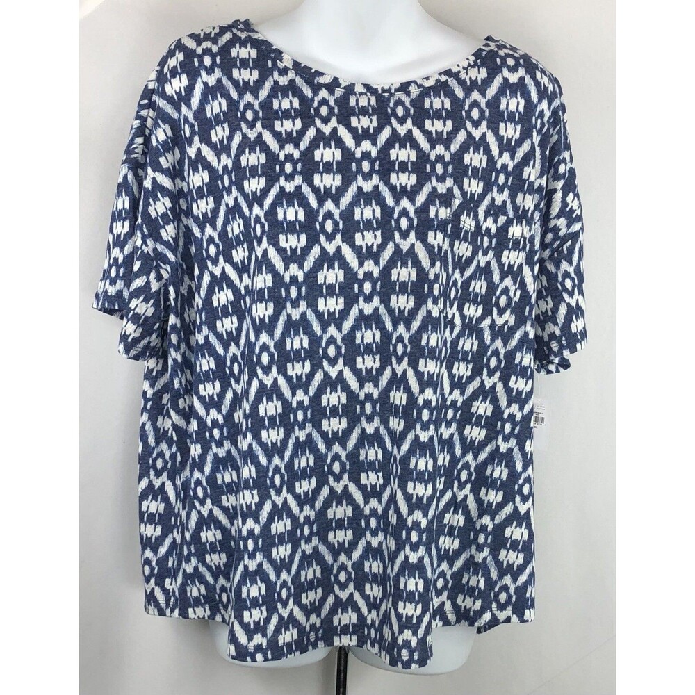NWT Old Navy Cropped Tee Top XL Blue Wht Geometric Boat Neck Short Sleeve Pocket